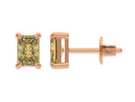 18k rose gold Radiant Diamond Earrings made with a fancy yellow radiant cut diamond set in a four prong setting