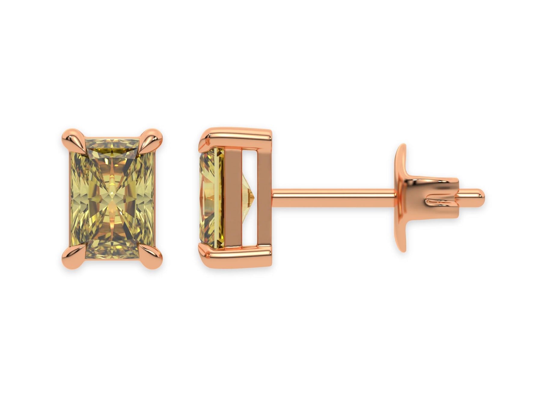 18k rose gold Radiant Diamond Earrings made with a fancy yellow radiant cut diamond set in a four prong setting