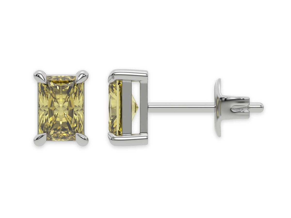 14k white gold Radiant Diamond Earrings made with a fancy yellow radiant cut diamond set in a four prong setting
