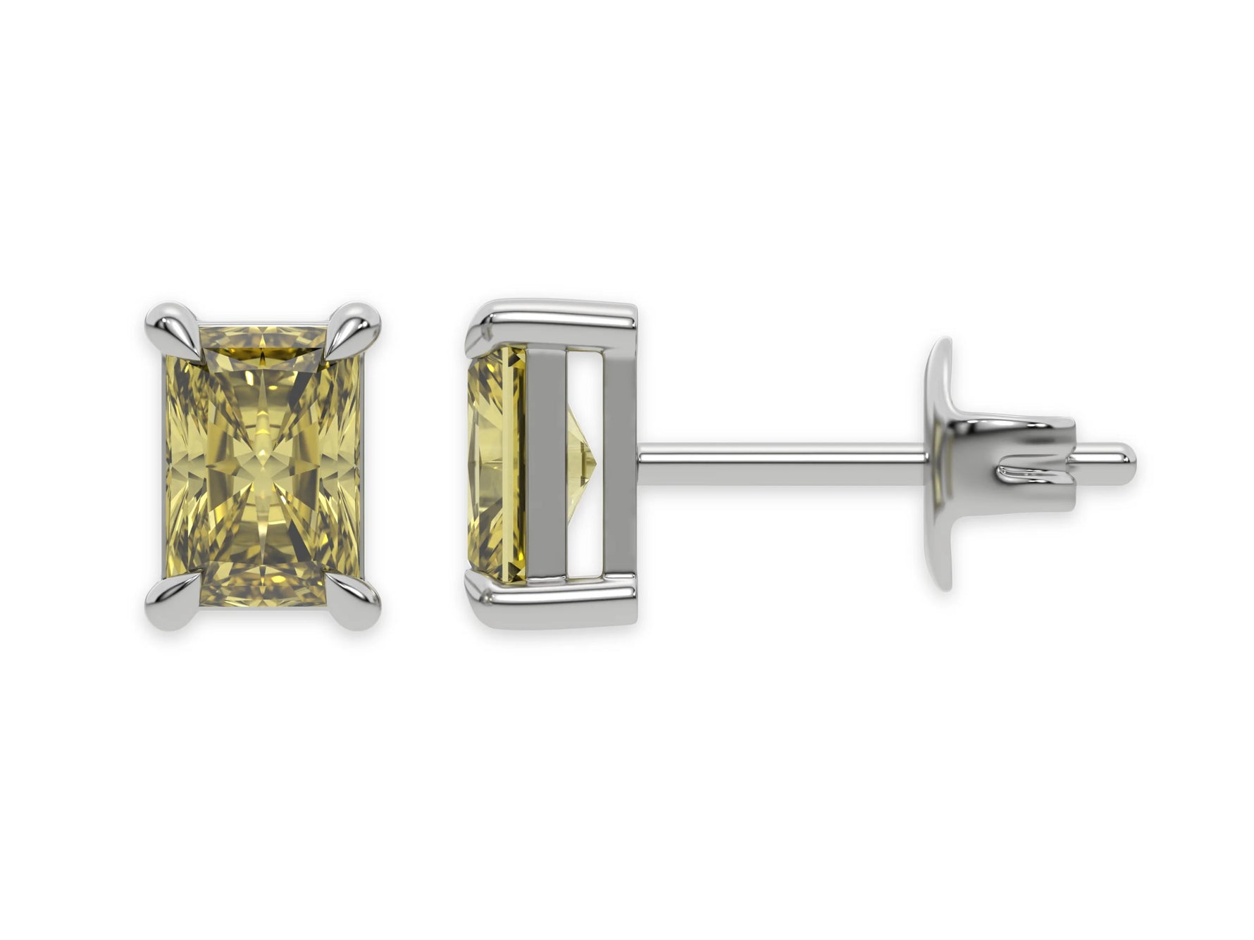 14k white gold Radiant Diamond Earrings made with a fancy yellow radiant cut diamond set in a four prong setting
