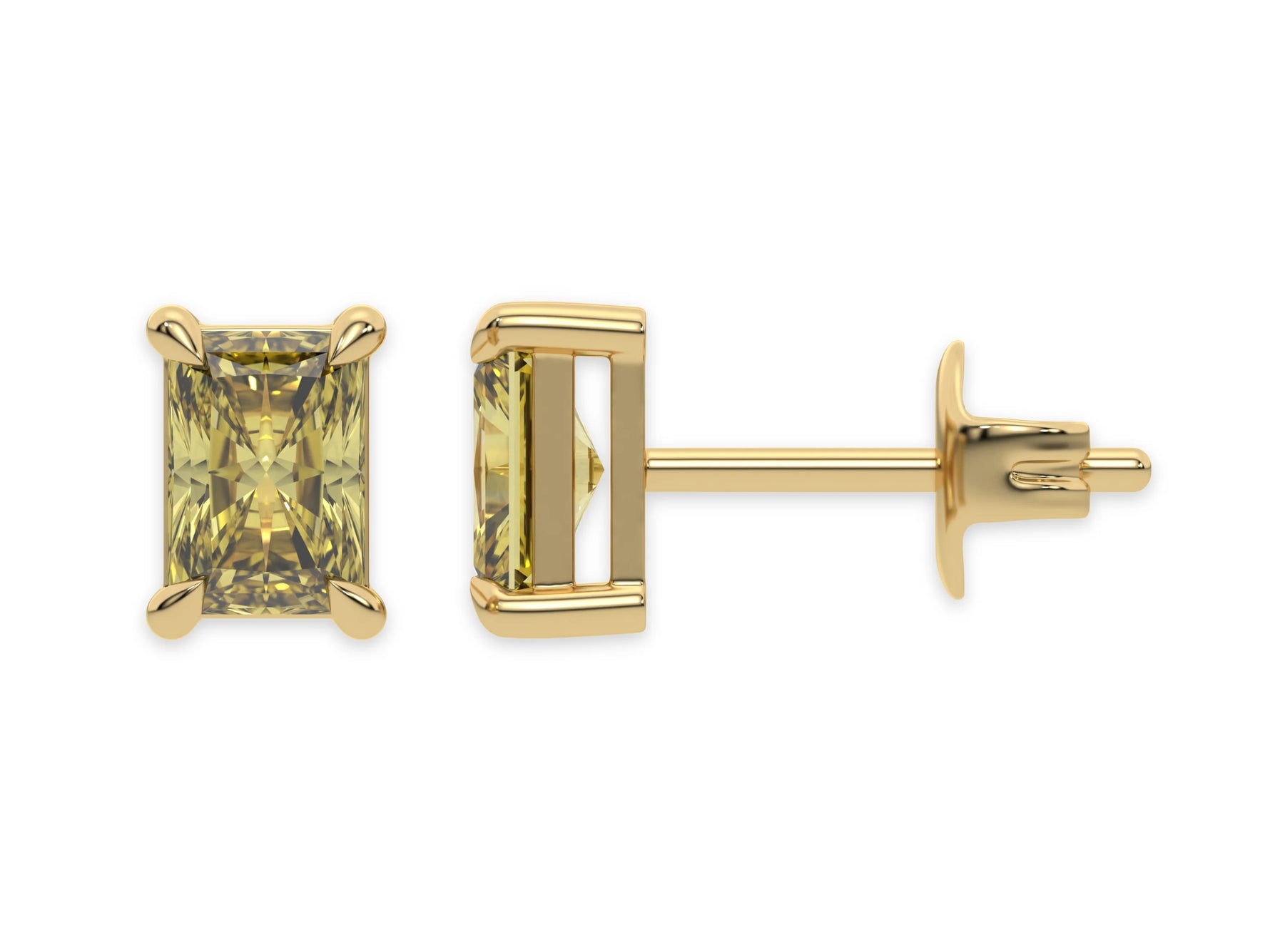 14k Yellow gold Radiant Diamond Earrings made with a fancy yellow radiant cut diamond set in a four prong setting