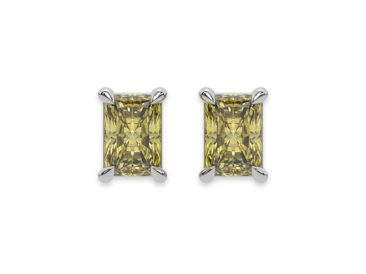 18k white gold Radiant Diamond Earrings made with a fancy yellow radiant cut diamond set in a four prong setting