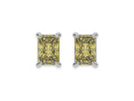 18k white gold Radiant Diamond Earrings made with a fancy yellow radiant cut diamond set in a four prong setting