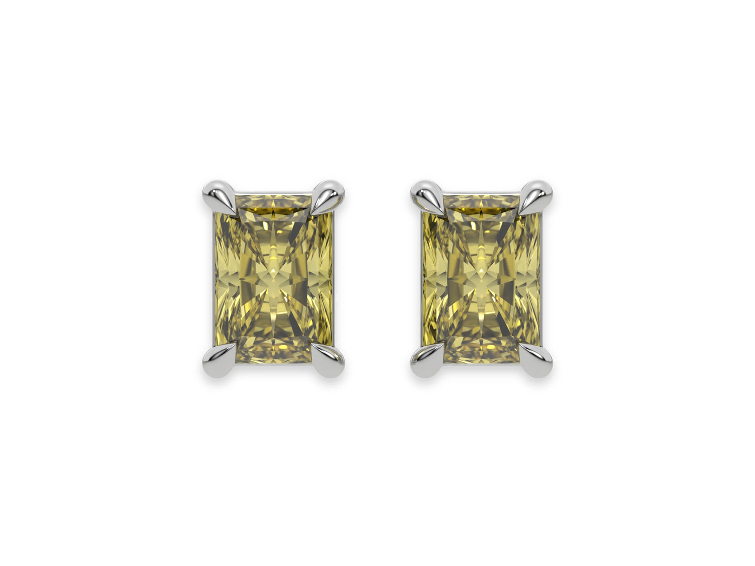 18k white gold Radiant Diamond Earrings made with a fancy yellow radiant cut diamond set in a four prong setting