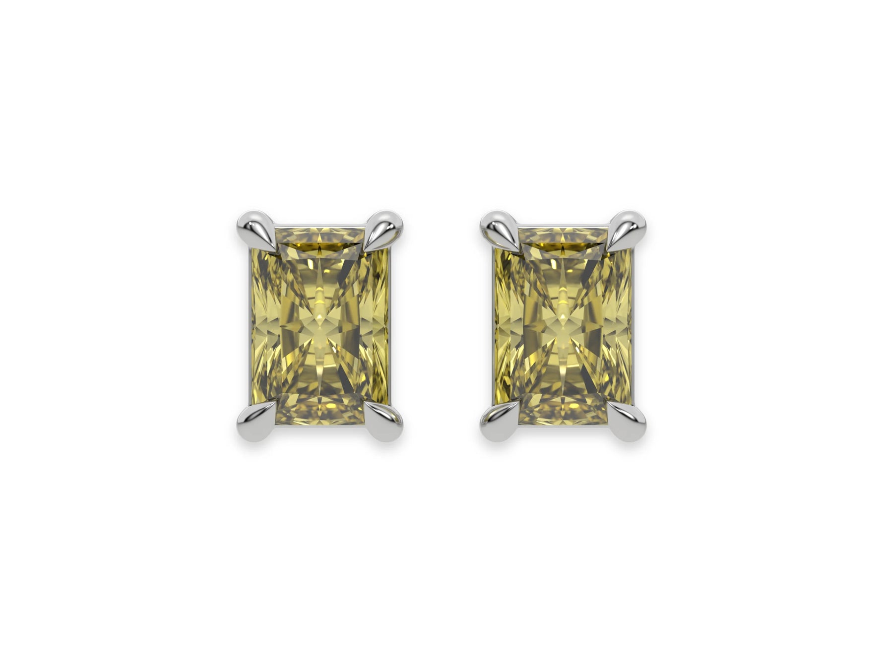 18k white gold Radiant Diamond Earrings made with a fancy yellow radiant cut diamond set in a four prong setting