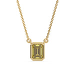 This yellow gold Fancy Yellow Emerald Solitaire Diamond Necklace made with an fancy yellow emerald cut diamond in bezel setting with adjustable chain in top view