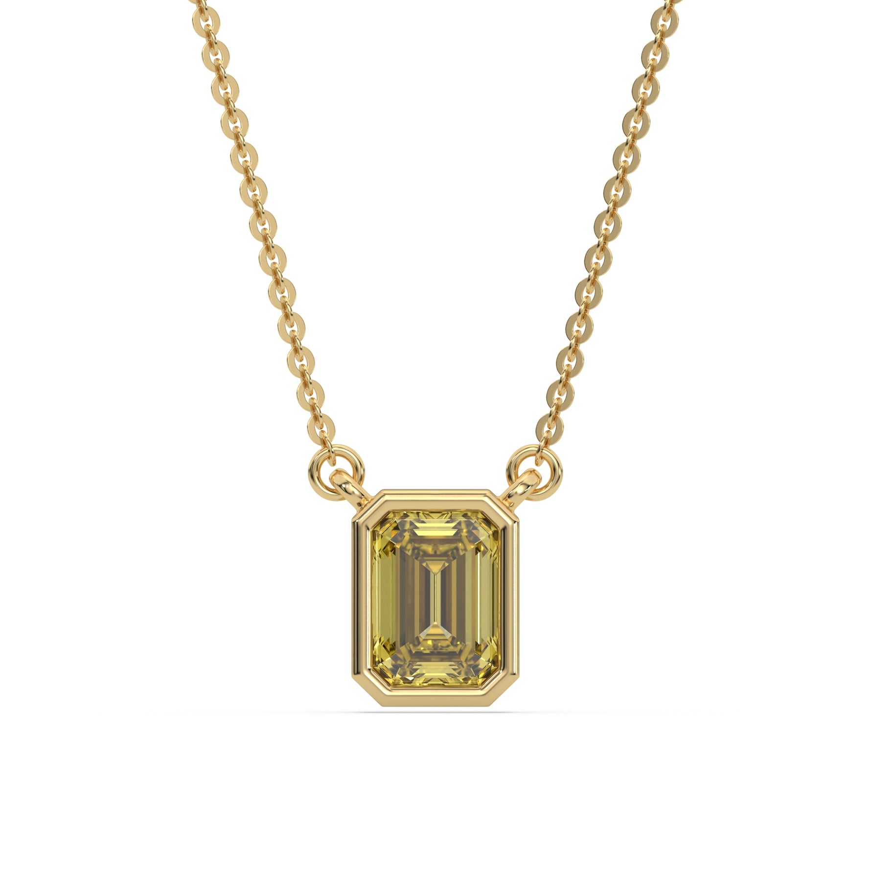 This yellow gold Fancy Yellow Emerald Solitaire Diamond Necklace made with an fancy yellow emerald cut diamond in bezel setting with adjustable chain in top view