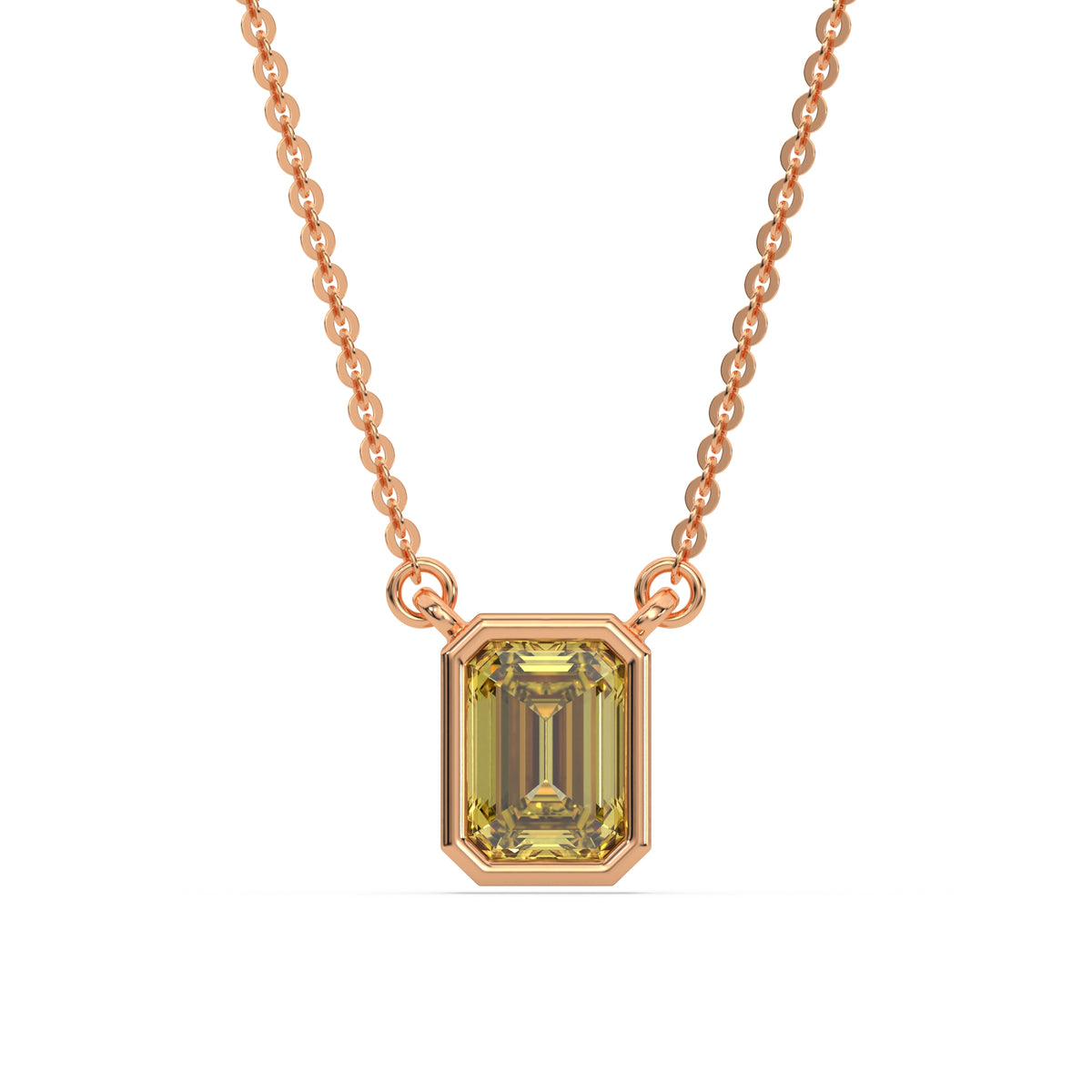 This rose gold Fancy Yellow Emerald Solitaire Diamond Necklace made with an fancy yellow emerald cut diamond in bezel setting with adjustable chain in top view