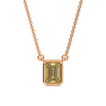 This rose gold Fancy Yellow Emerald Solitaire Diamond Necklace made with an fancy yellow emerald cut diamond in bezel setting with adjustable chain in top view