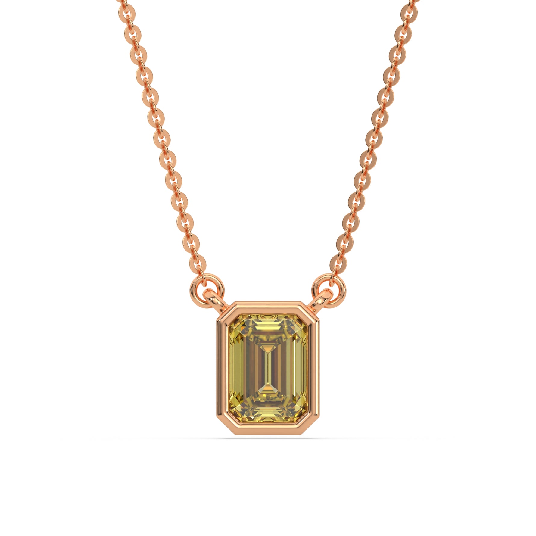 This rose gold Fancy Yellow Emerald Solitaire Diamond Necklace made with an fancy yellow emerald cut diamond in bezel setting with adjustable chain in top view