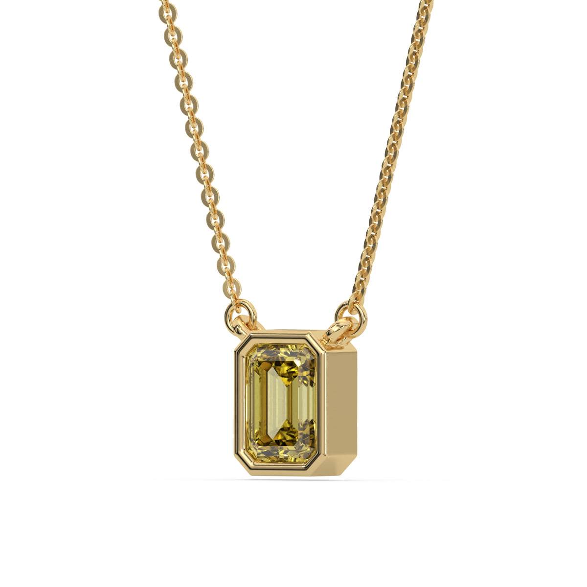 This yellow gold Fancy Yellow Emerald Solitaire Diamond Necklace made with an fancy yellow emerald cut diamond in bezel setting with adjustable chain in side view