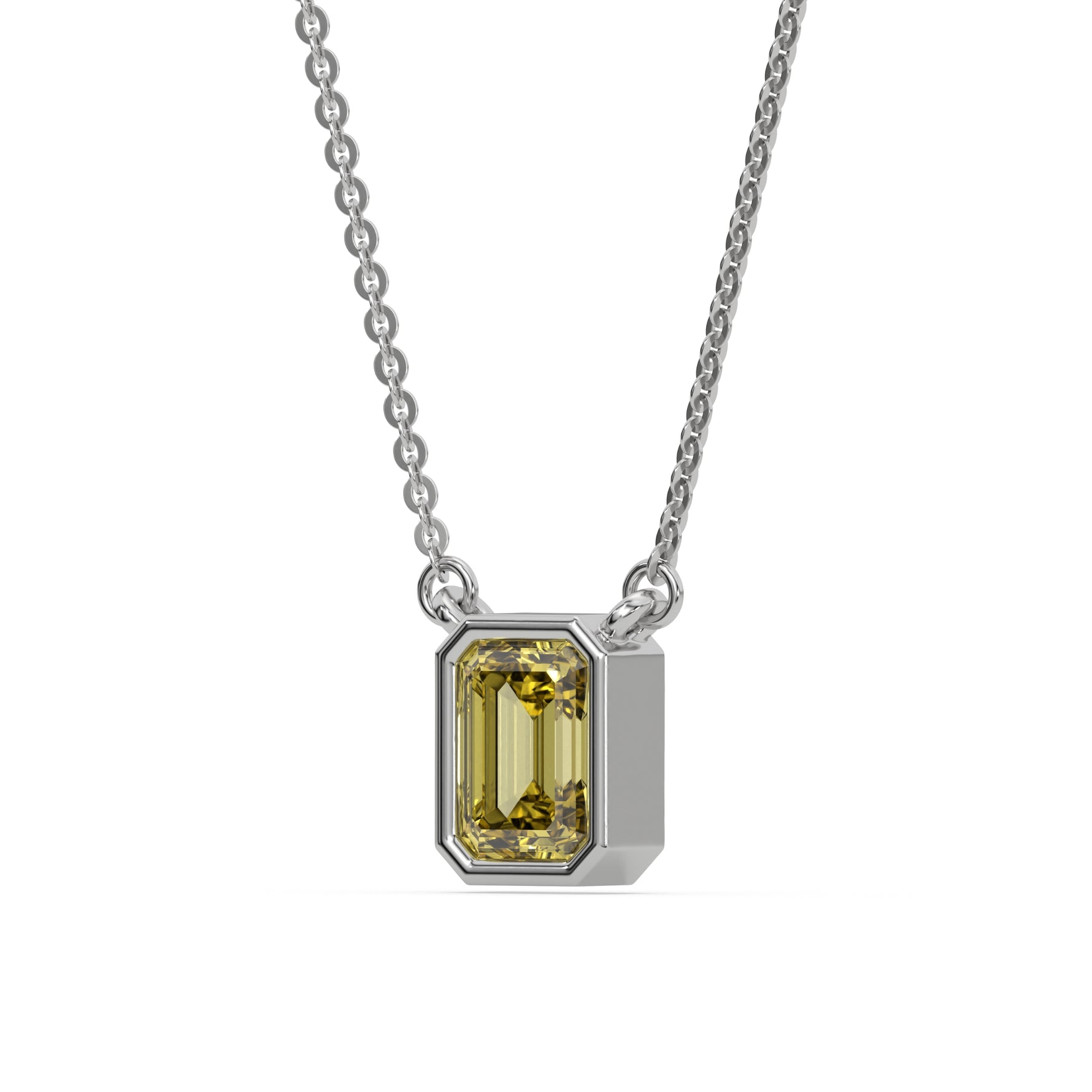 This white gold Fancy Yellow Emerald Solitaire Diamond Necklace made with an fancy yellow emerald cut diamond in bezel setting with adjustable chain in side view