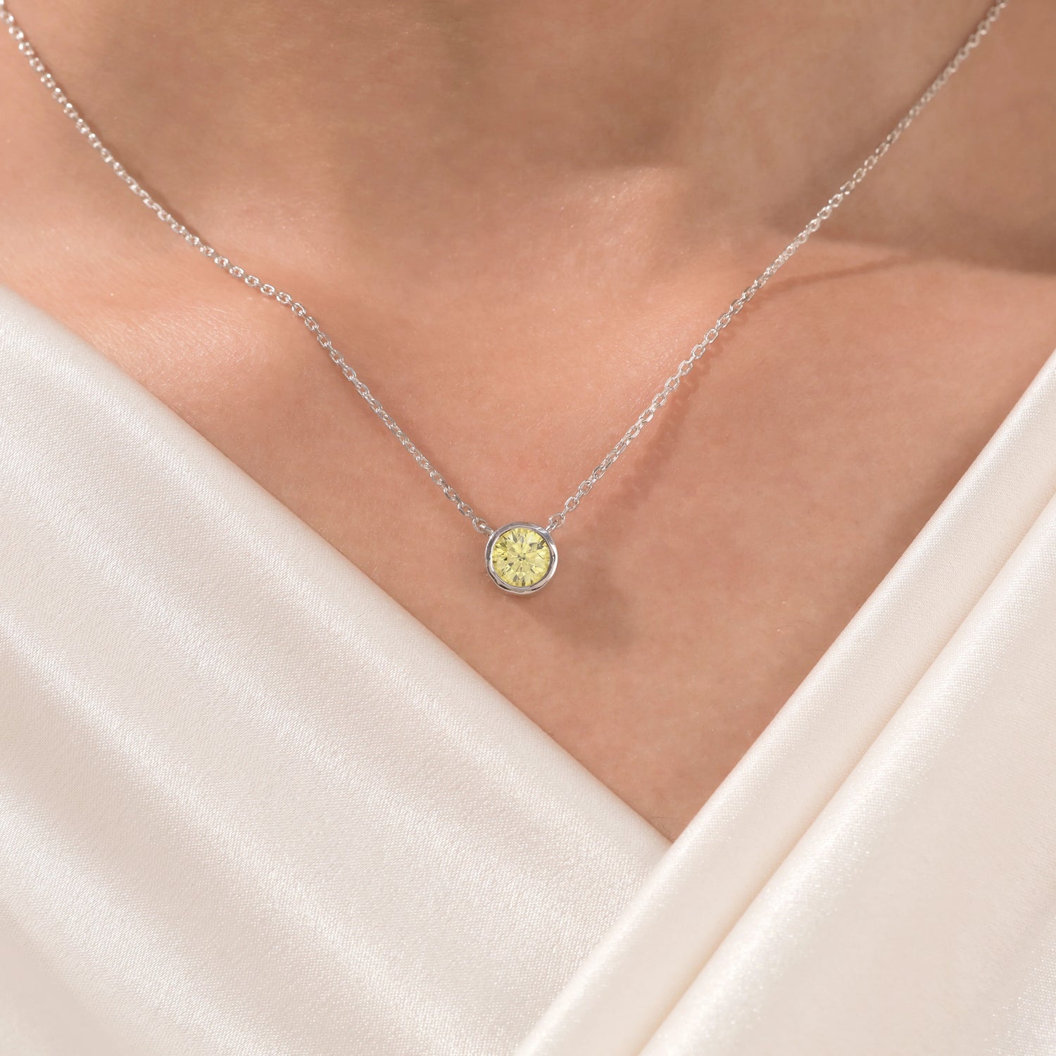 3 CT Fancy Yellow Diamond Round Bezel Solitaire Necklace