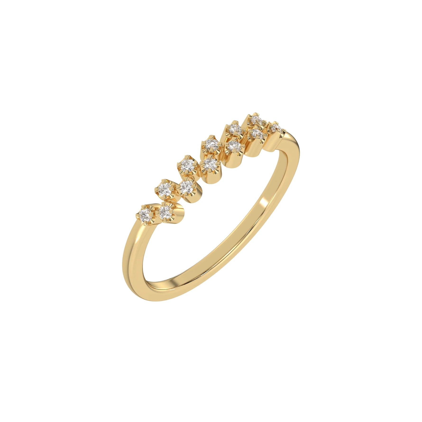 This yellow gold Zig Zag Round Diamond Ring handmade with round brilliant-cut diamonds, each set individually in a four prong setting and arranged in a zig zag pattern in 3D view