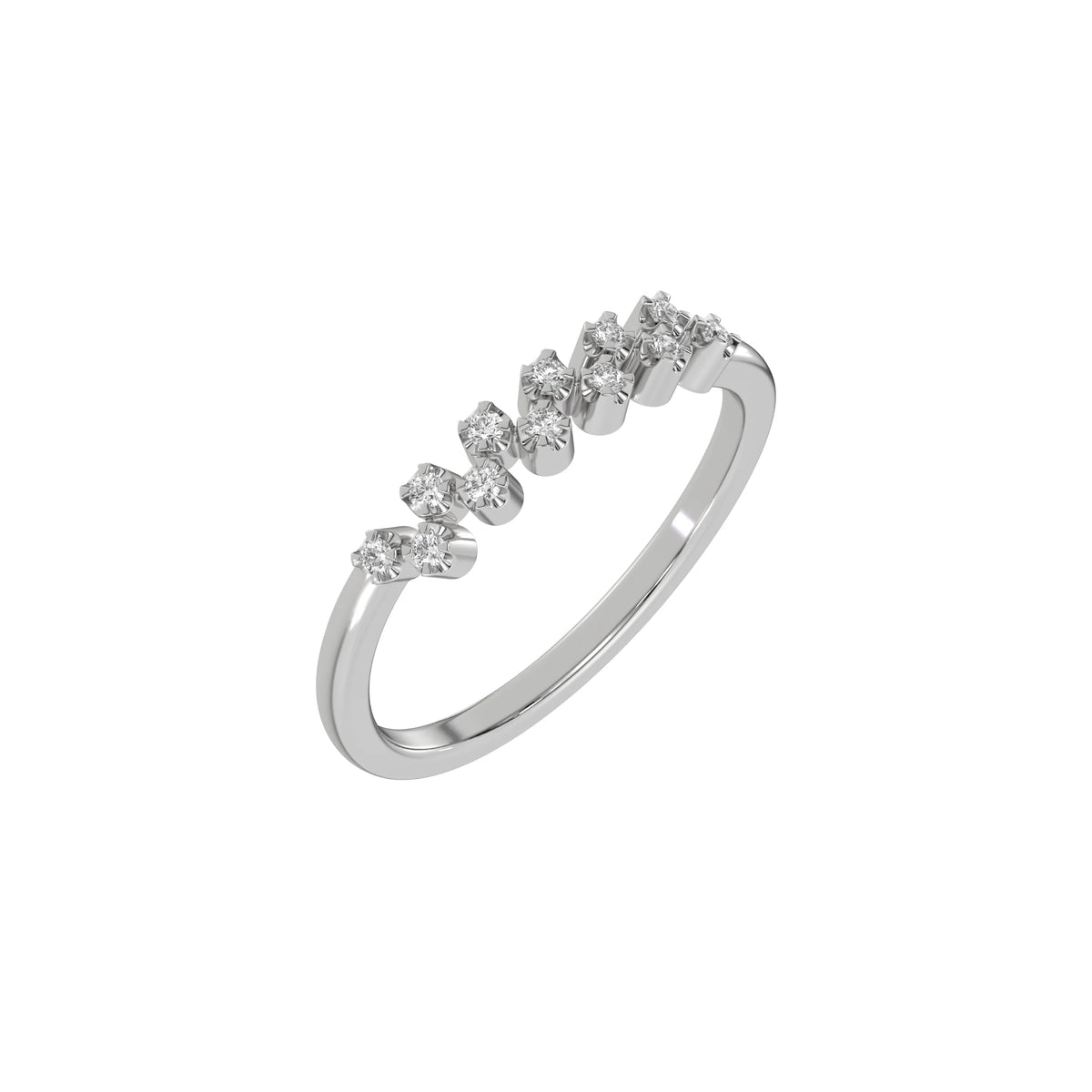 This white gold Zig Zag Round Diamond Ring handmade with round brilliant-cut diamonds, each set individually in a four prong setting and arranged in a zig zag pattern in 3D view