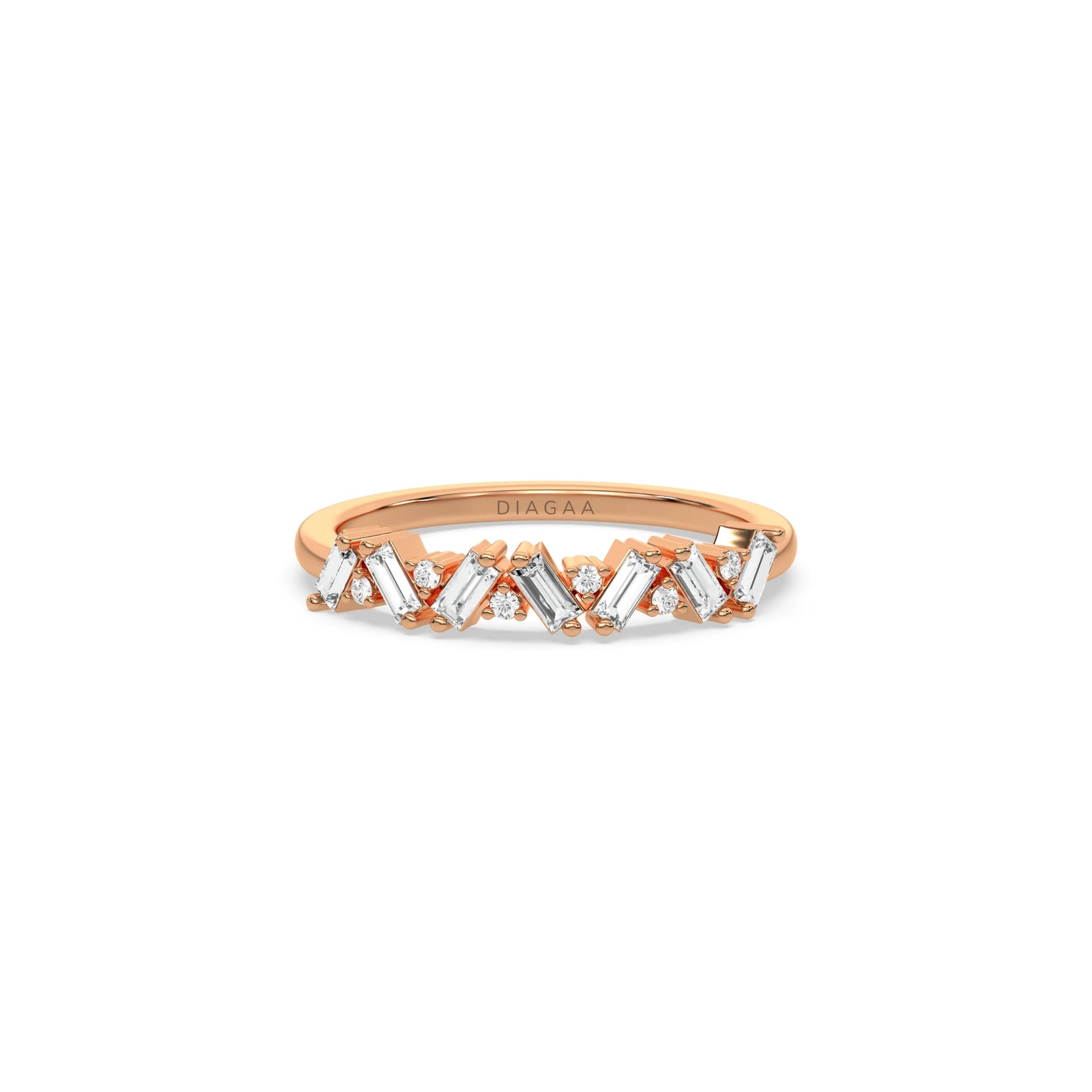 rose gold zig zag wedding band with staggered baguette and round diamonds. Delicate dynamic mosaic stacking ring for women.