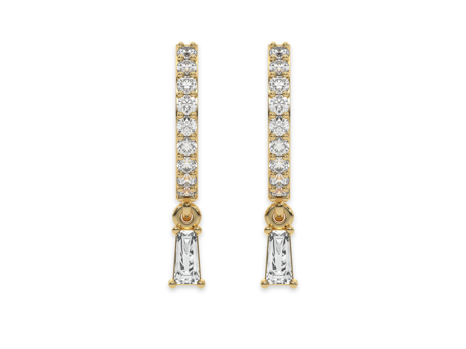18k Yellow gold dangling baguette diamond hoop earrings with round cut diamonds in prong setting in hoop and a baguette solitaire hanging at the bottom