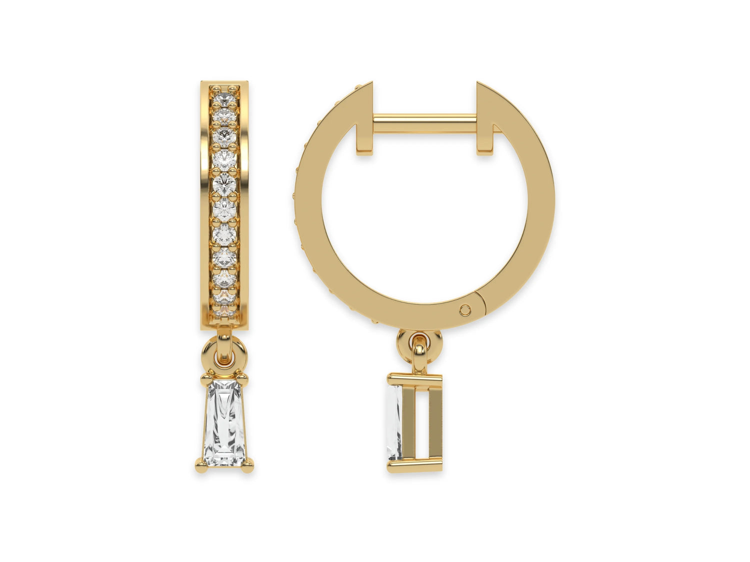 14k yellow gold dangling baguette diamond hoop earrings with round cut diamonds in pave setting and a baguette solitaire hanging at the bottom