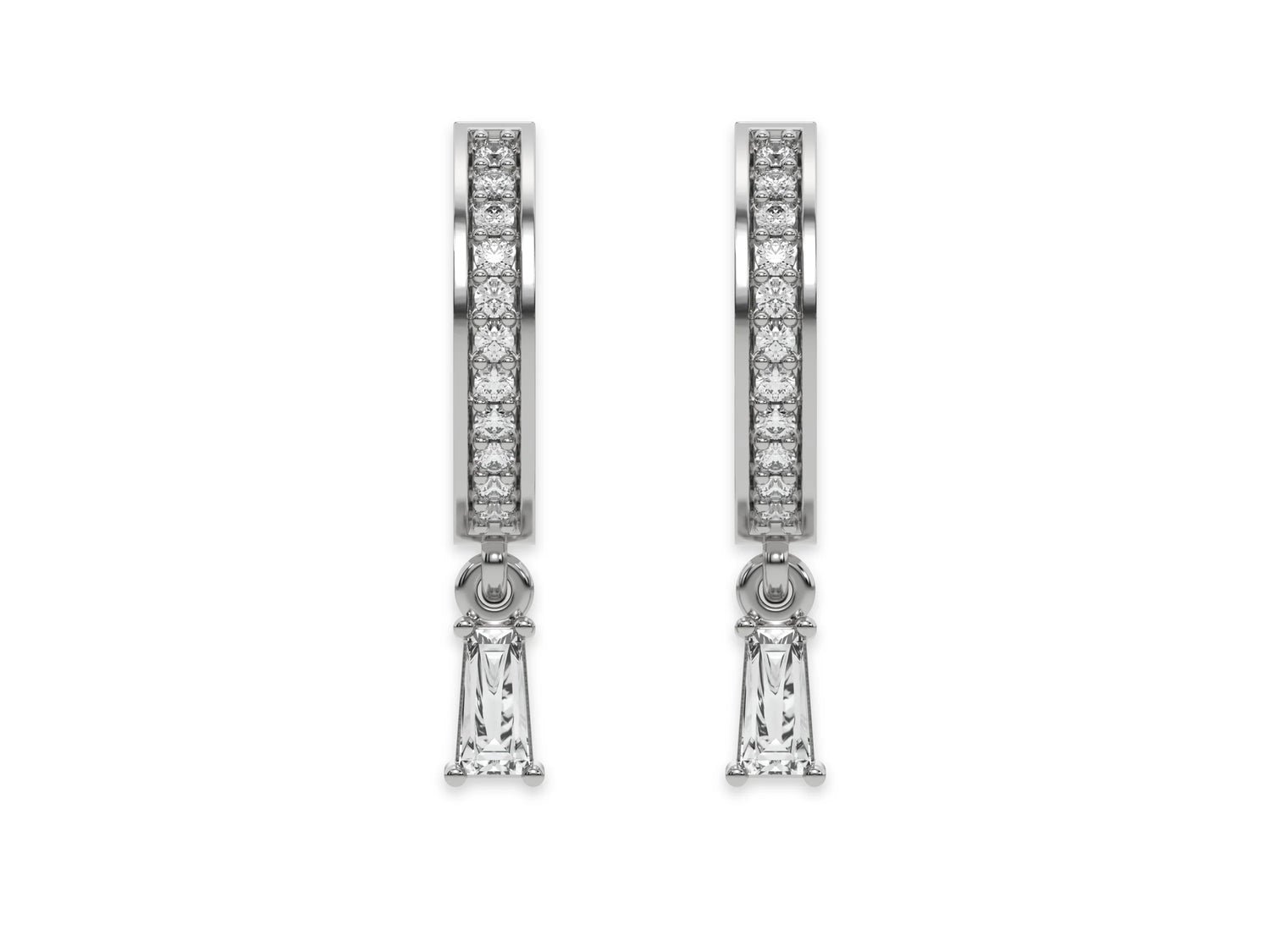 18k white gold dangling baguette diamond hoop earrings with round cut diamonds in pave setting and a baguette solitaire hanging at the bottom