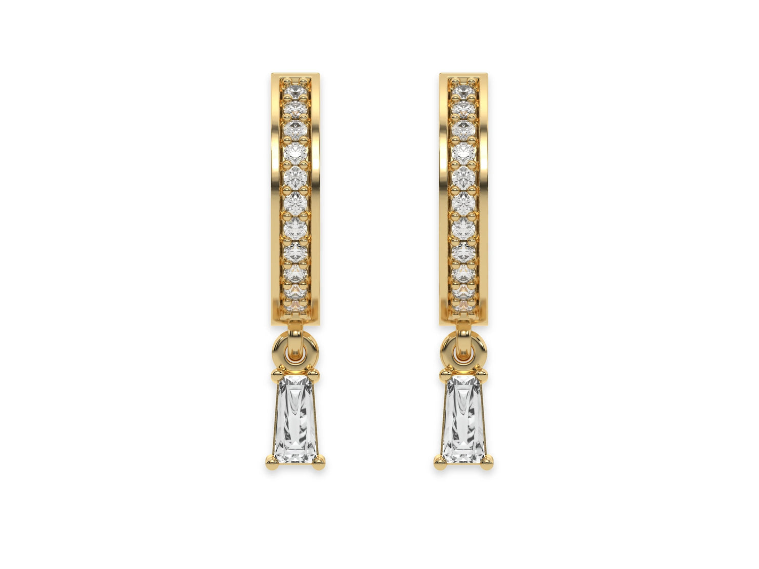 18k yellow gold dangling baguette diamond hoop earrings with round cut diamonds in pave setting and a baguette solitaire hanging at the bottom