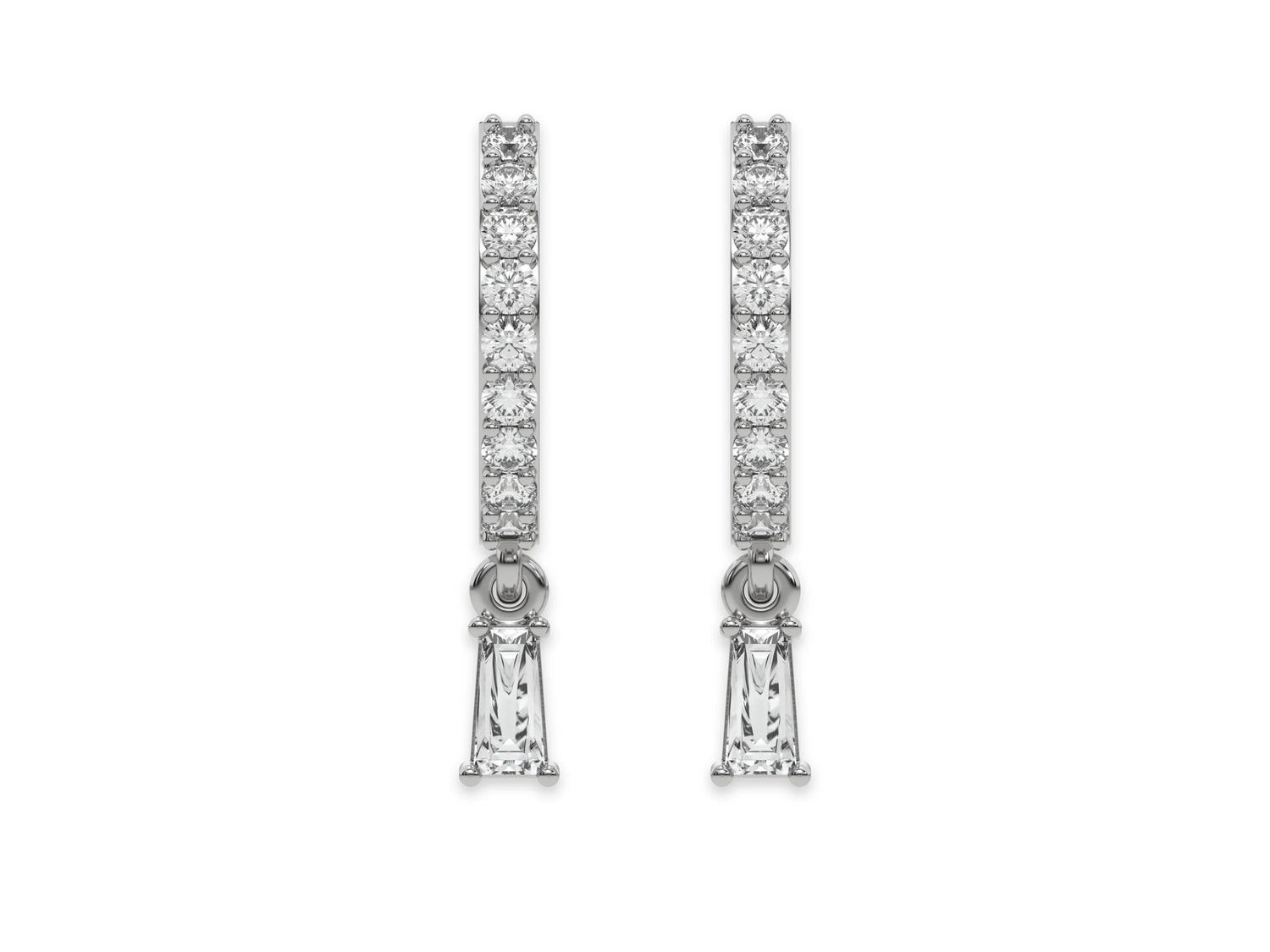 14k White gold dangling baguette diamond hoop earrings with round cut diamonds in prong setting in hoop and a baguette solitaire hanging at the bottom