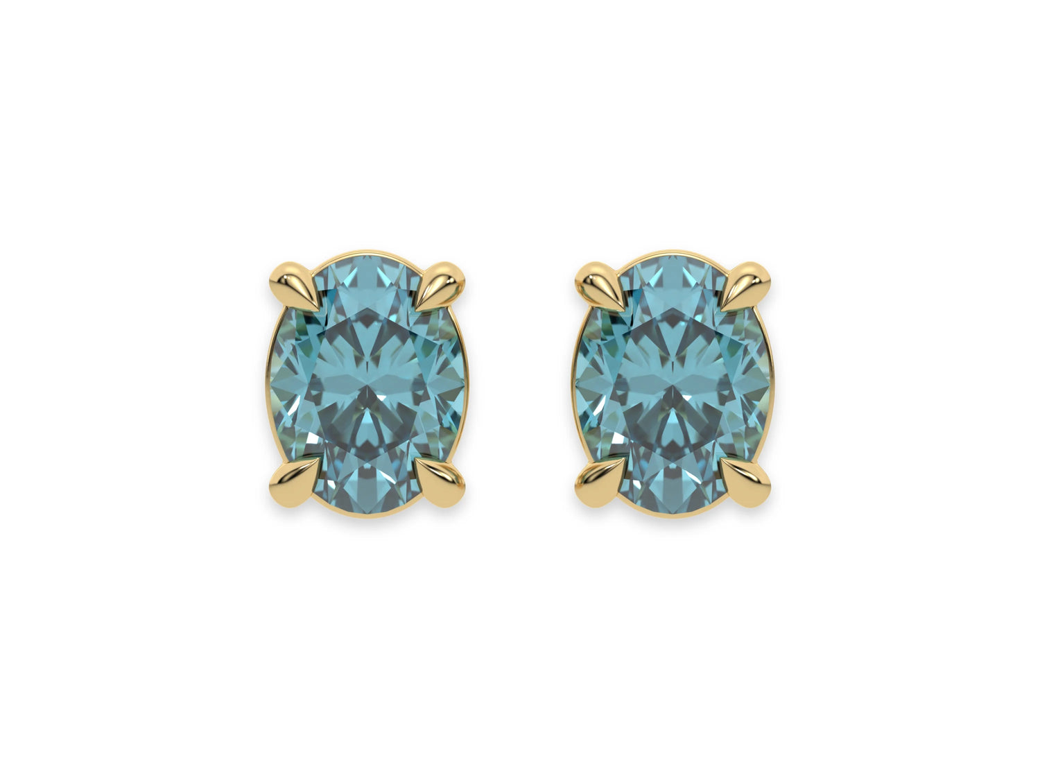 18k yellow gold oval diamond stud earrings made with a fancy blue oval cut diamond set in a four prong setting
