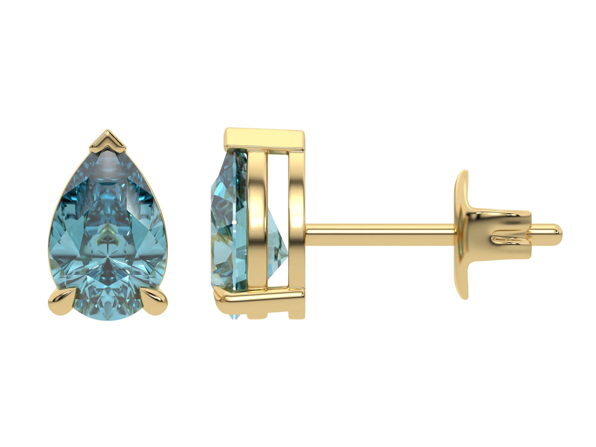 14k yellow gold pear shaped diamond stud earrings made with a fancy blue pear shaped diamond set in a four prong setting