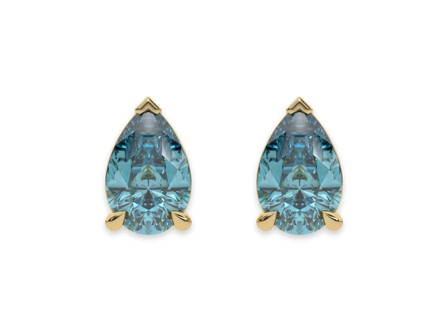 18k yellow gold pear shaped diamond stud earrings made with a fancy blue pear shaped diamond set in a four prong setting