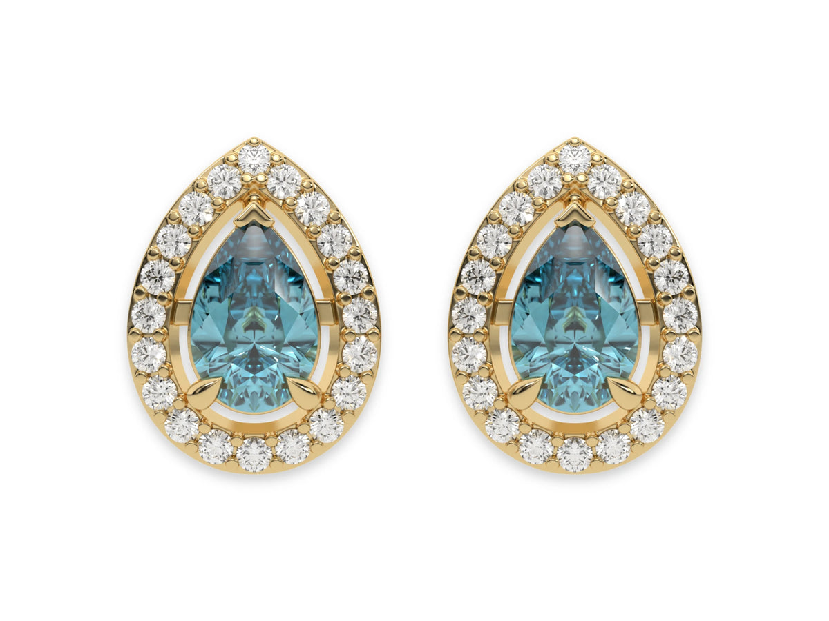 18k yellow gold Pear Diamond Halo Earrings made with a fancy Blue pear cut solitaire diamonds set in a four prong setting.
