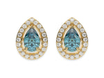 18k yellow gold Pear Diamond Halo Earrings made with a fancy Blue pear cut solitaire diamonds set in a four prong setting.