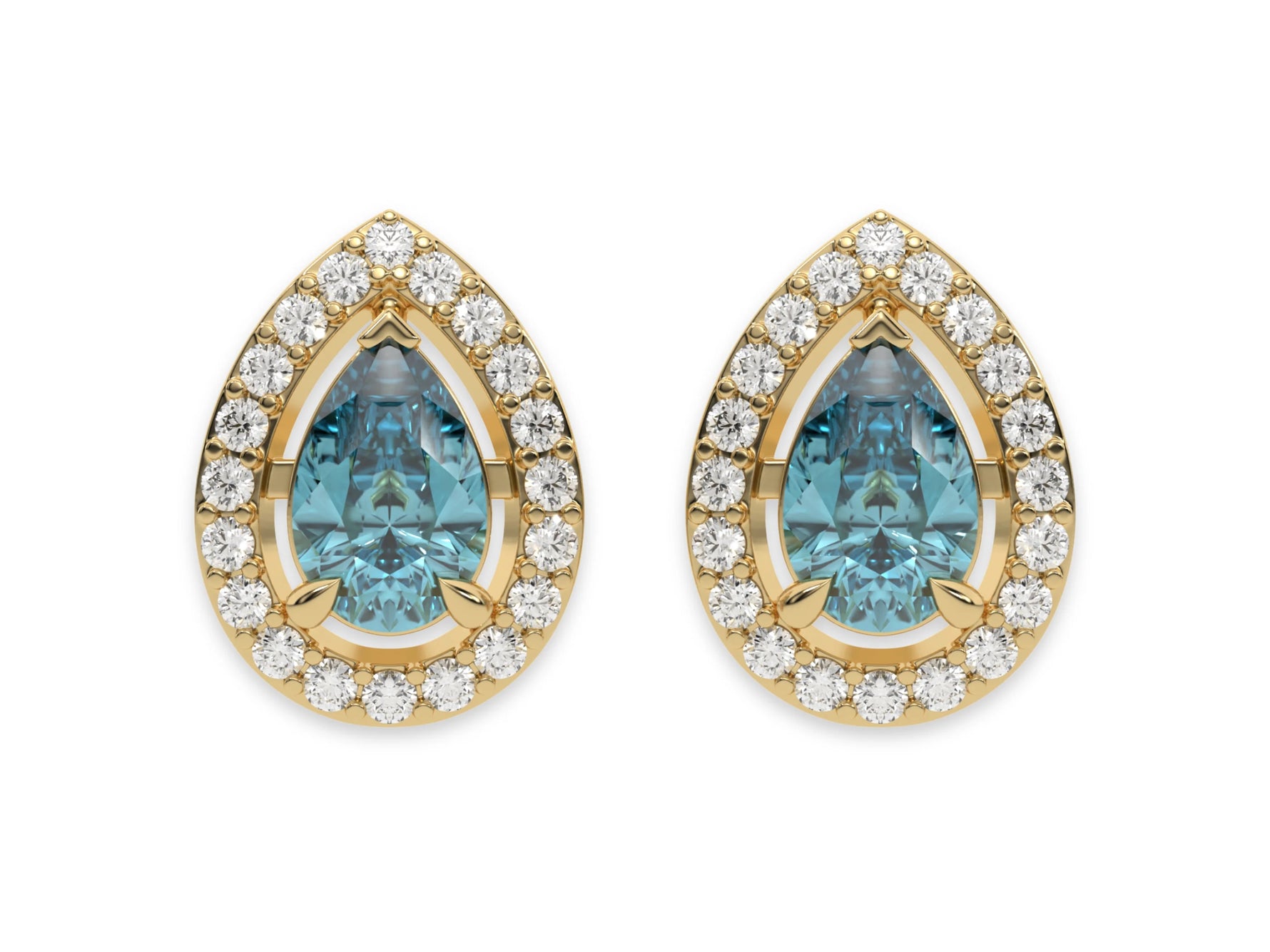 18k yellow gold Pear Diamond Halo Earrings made with a fancy Blue pear cut solitaire diamonds set in a four prong setting.