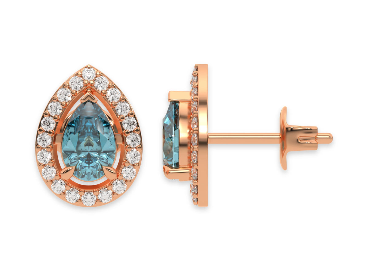 18k rose gold Pear Diamond Halo Earrings made with a fancy Blue pear cut solitaire diamonds set in a four prong setting.