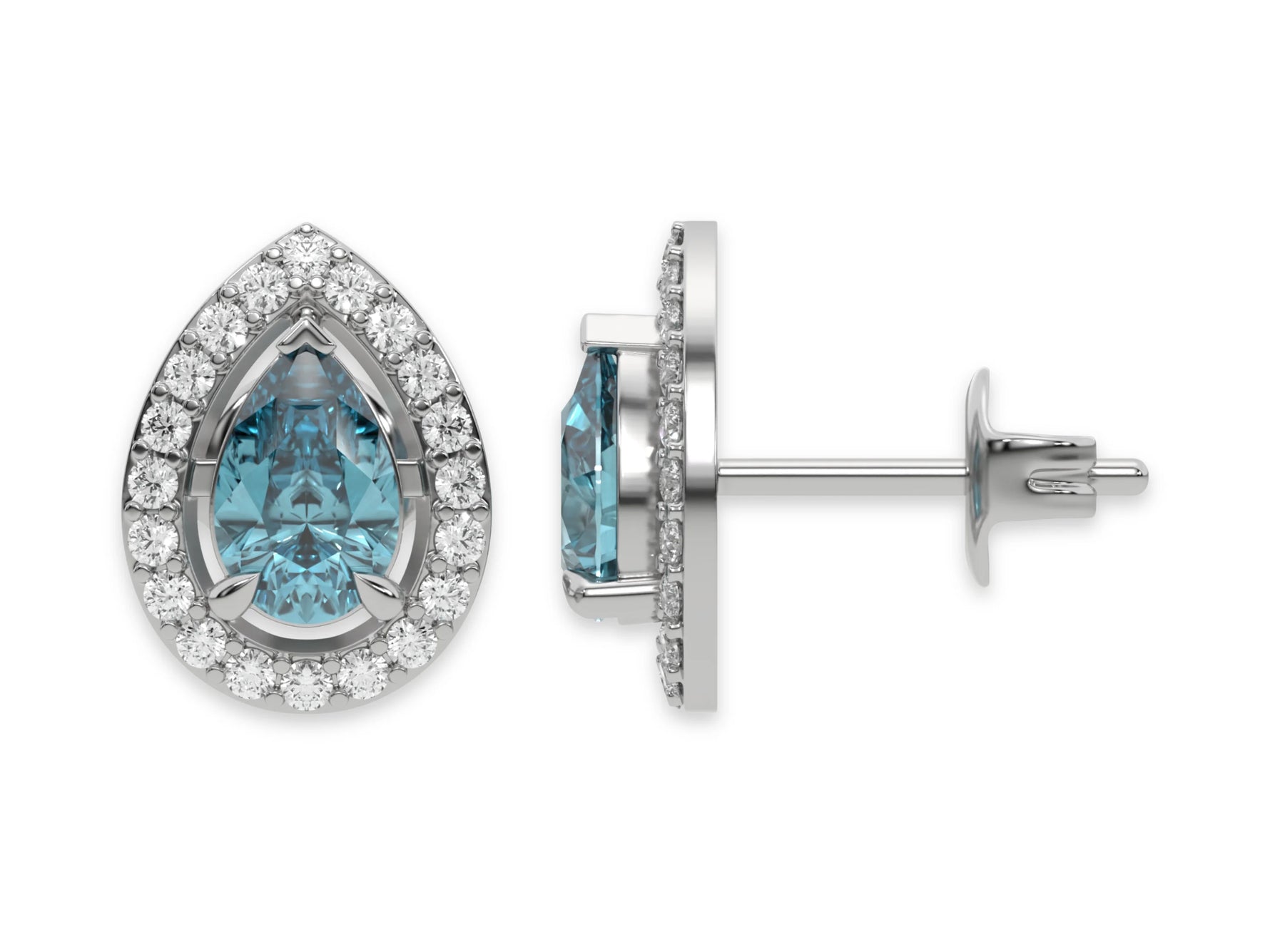 10k white gold Pear Diamond Halo Earrings made with a fancy Blue pear cut solitaire diamonds set in a four prong setting.