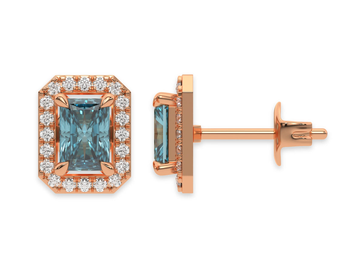 18k Rose gold Radiant Diamond Halo Earrings made with a fancy blue radiant cut solitaire diamond set in a four prong setting.