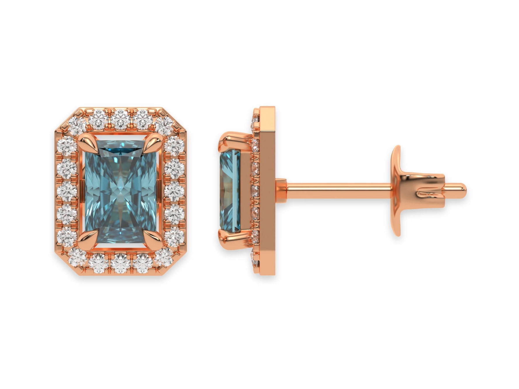 18k Rose gold Radiant Diamond Halo Earrings made with a fancy blue radiant cut solitaire diamond set in a four prong setting.
