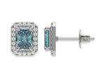 18k white gold Radiant Diamond Halo Earrings made with a fancy blue radiant cut solitaire diamond set in a four prong setting.