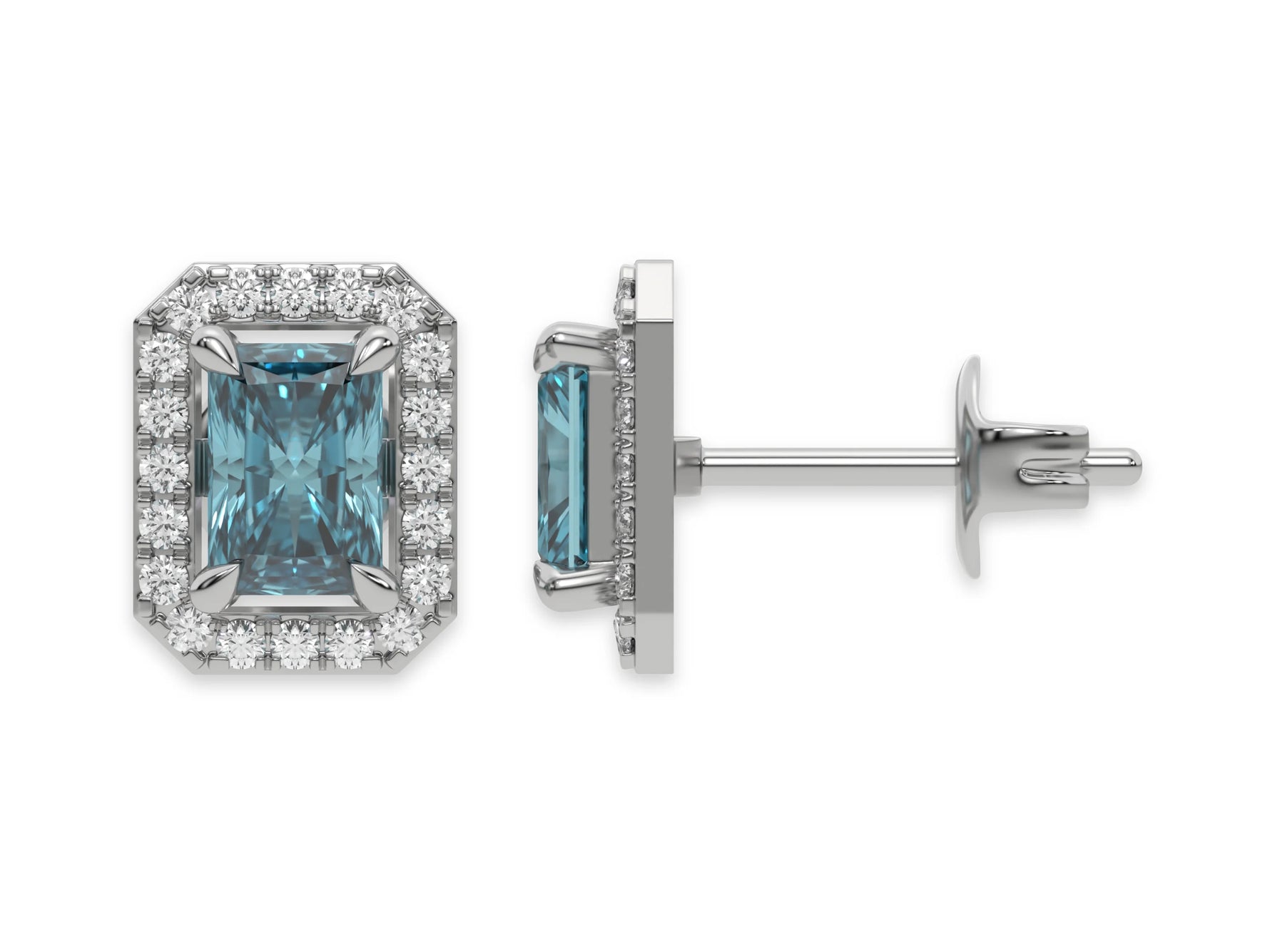 18k white gold Radiant Diamond Halo Earrings made with a fancy blue radiant cut solitaire diamond set in a four prong setting.