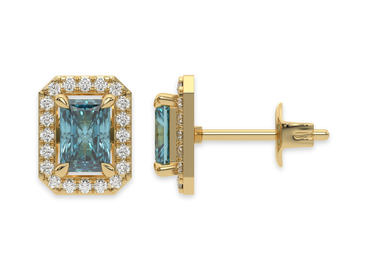 18k Yellow gold Radiant Diamond Halo Earrings made with a fancy blue radiant cut solitaire diamond set in a four prong setting.