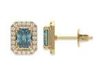 18k Yellow gold Radiant Diamond Halo Earrings made with a fancy blue radiant cut solitaire diamond set in a four prong setting.