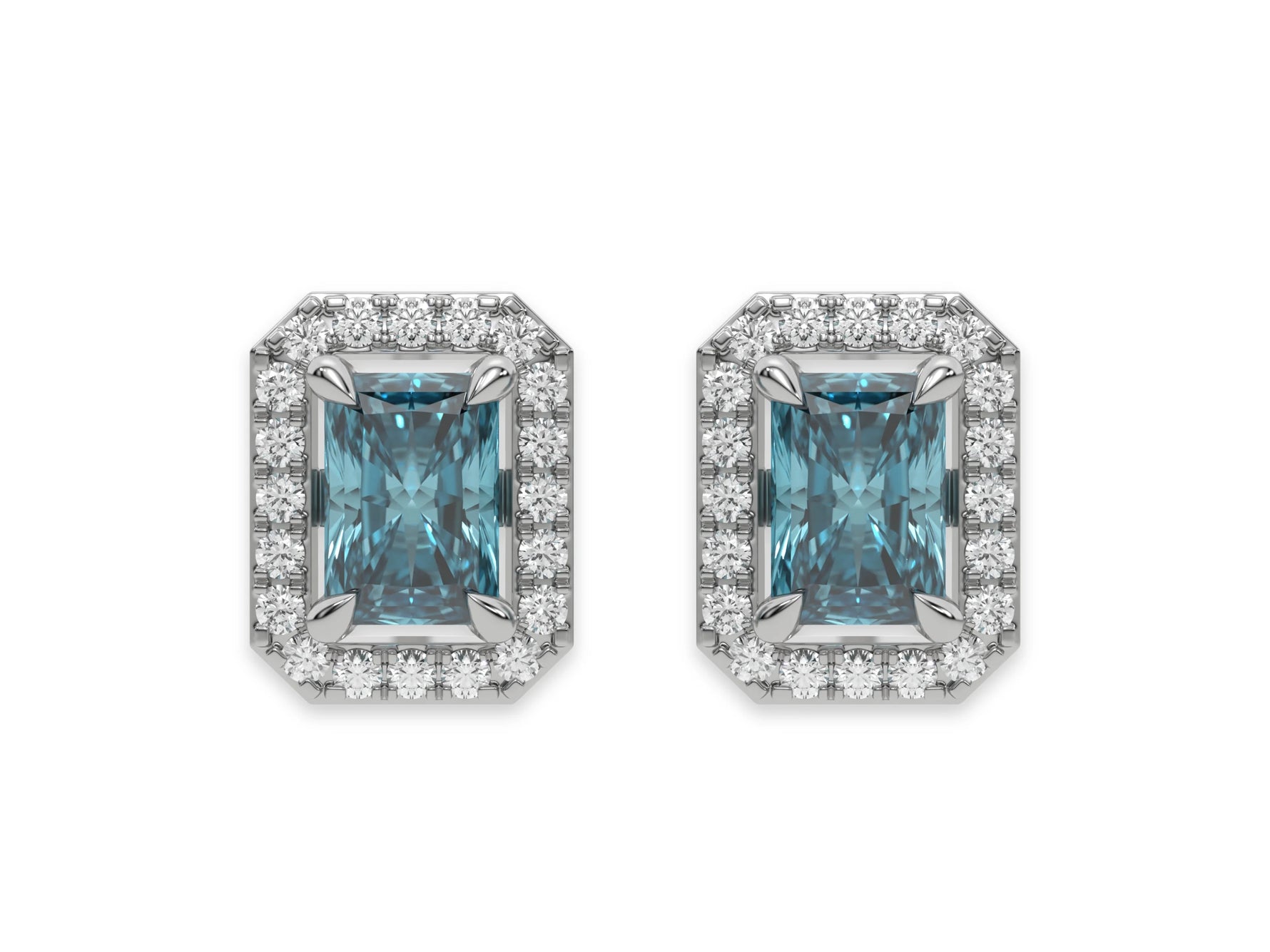 14k white gold Radiant Diamond Halo Earrings made with a fancy blue radiant cut solitaire diamond set in a four prong setting.