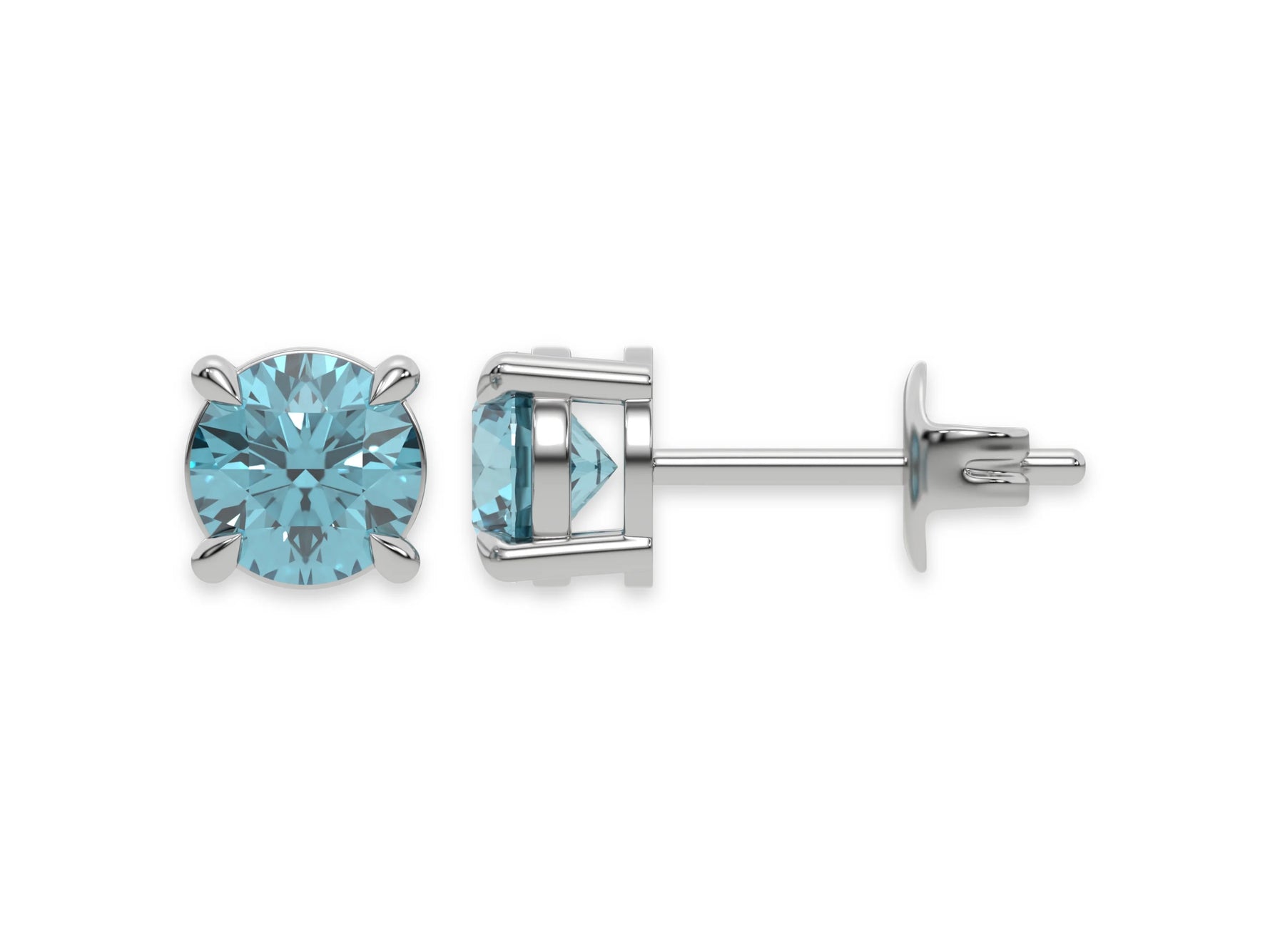 10k white gold Round Diamond Studs made with blue pink round brilliant-cut diamonds set in a four prong setting