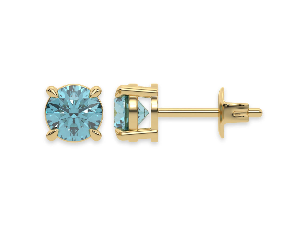 18k yellow gold Round Diamond Studs made with blue pink round brilliant-cut diamonds set in a four prong setting
