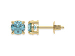 18k yellow gold Round Diamond Studs made with blue pink round brilliant-cut diamonds set in a four prong setting