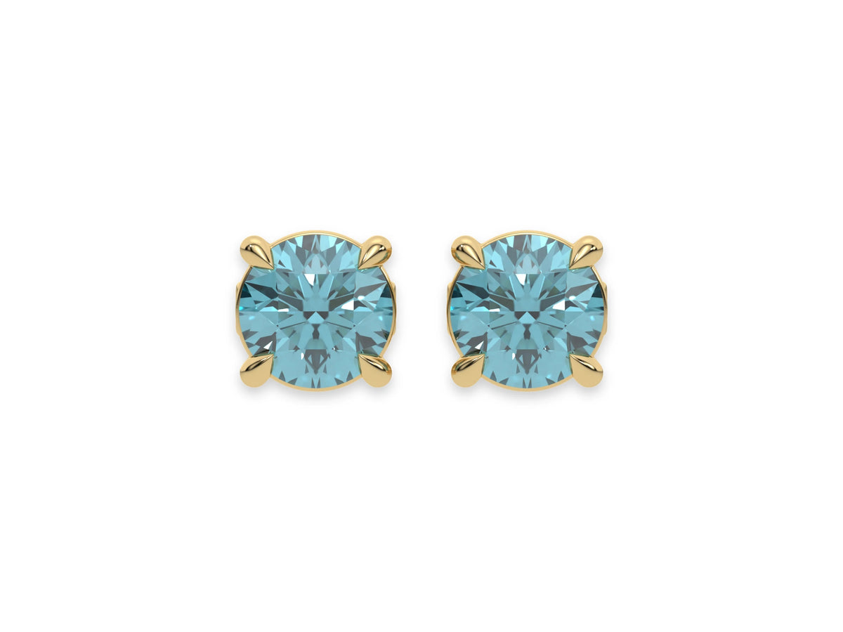 18k yellow gold Round Diamond Studs made with blue pink round brilliant-cut diamonds set in a four prong setting