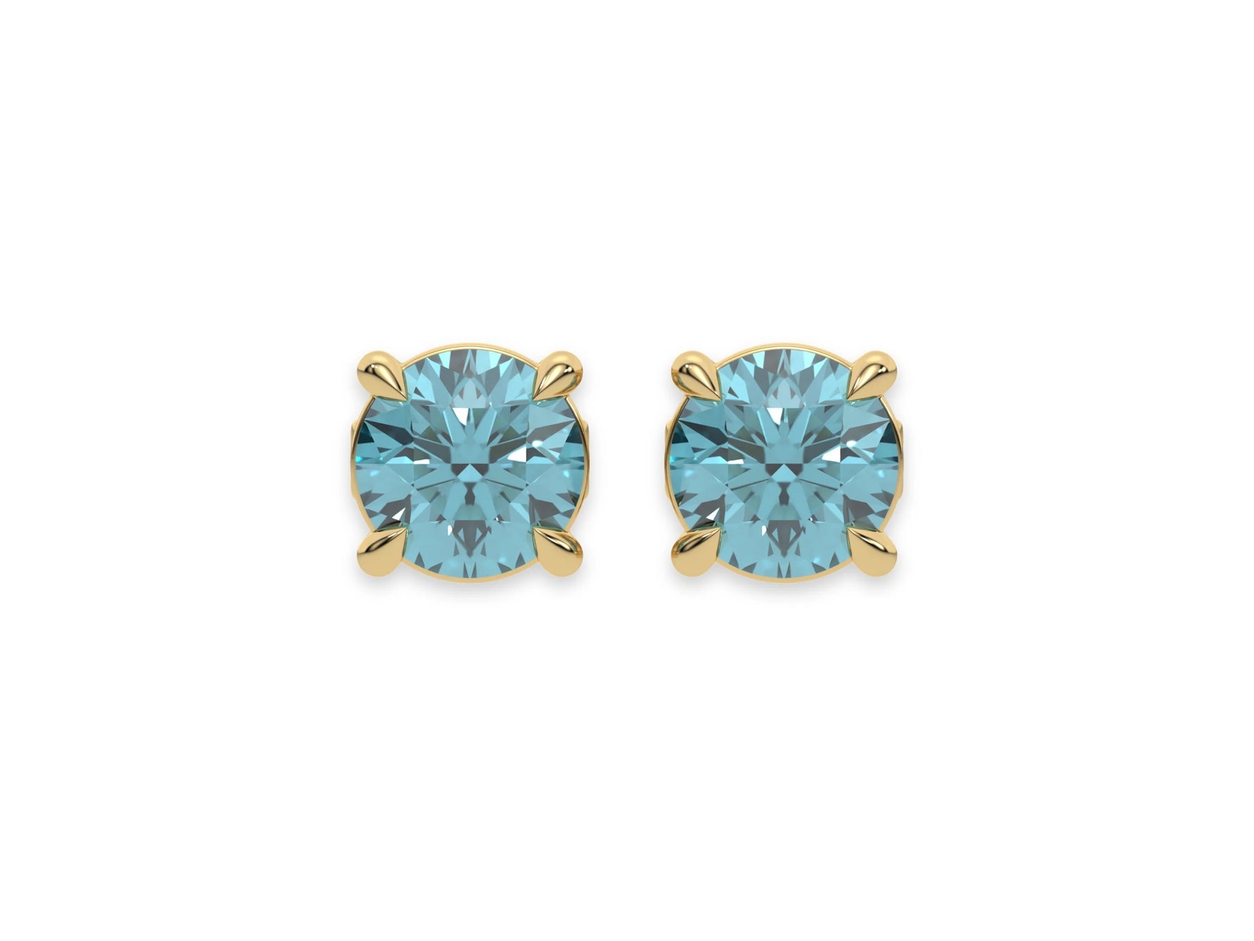 18k yellow gold Round Diamond Studs made with blue pink round brilliant-cut diamonds set in a four prong setting