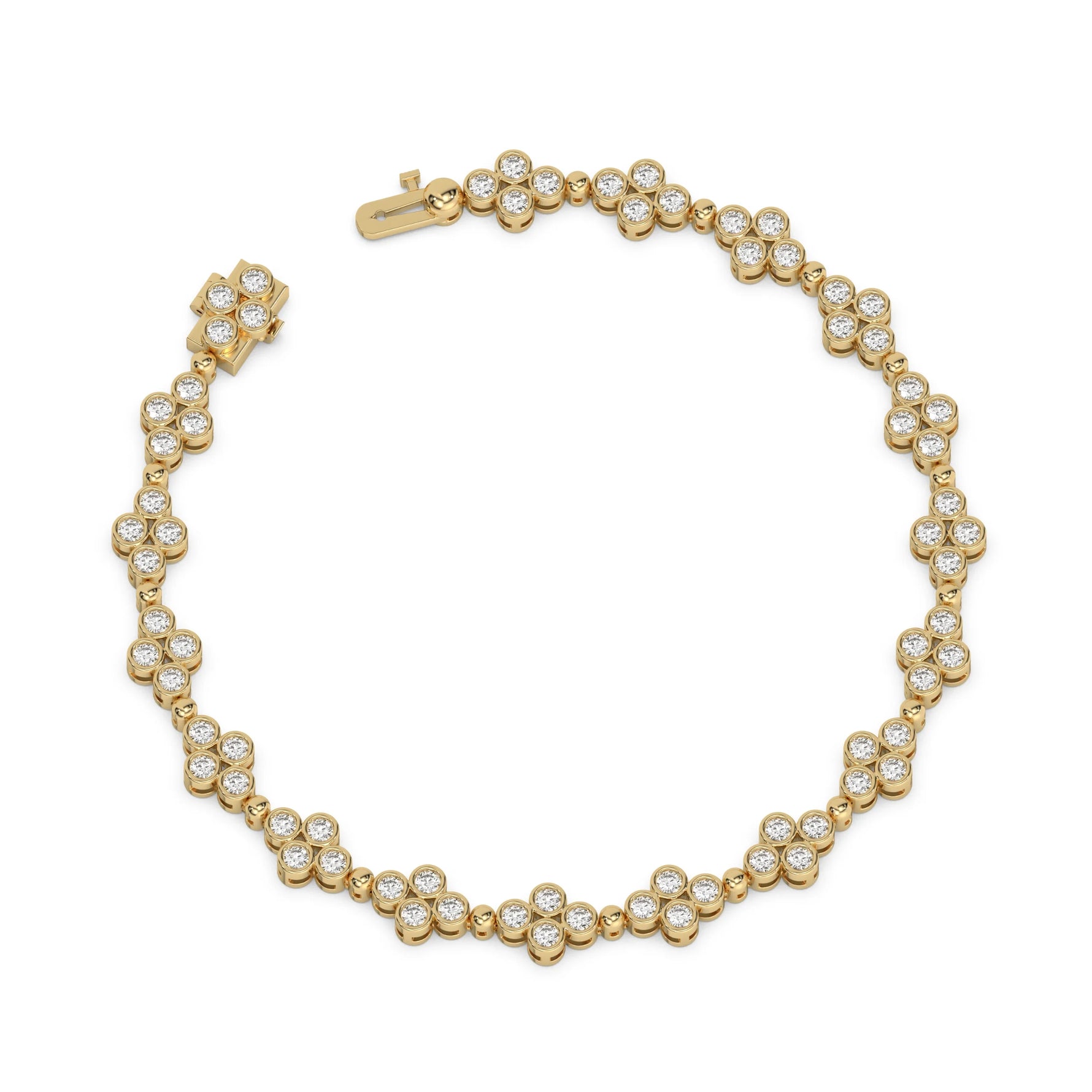 18K Yellow Gold Round Diamond Clover Tennis Bracelet