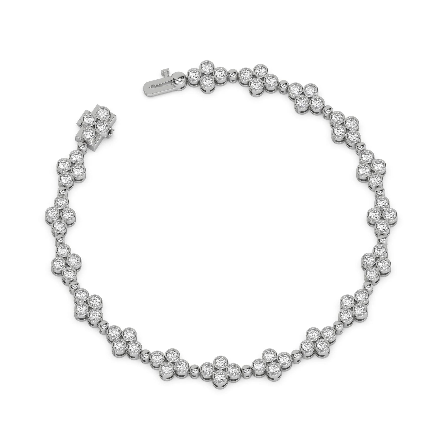 18K White Gold Round Diamond Clover Tennis Bracelet