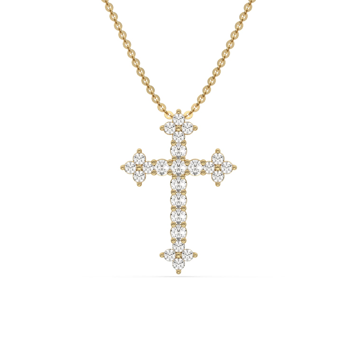 18K Yellow Gold Round Diamond Cross Necklace