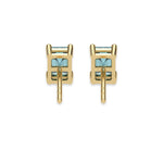 14k yellow gold Emerald Diamond Earrings made with an fancy blue emerald-cut diamond set in a four prong setting