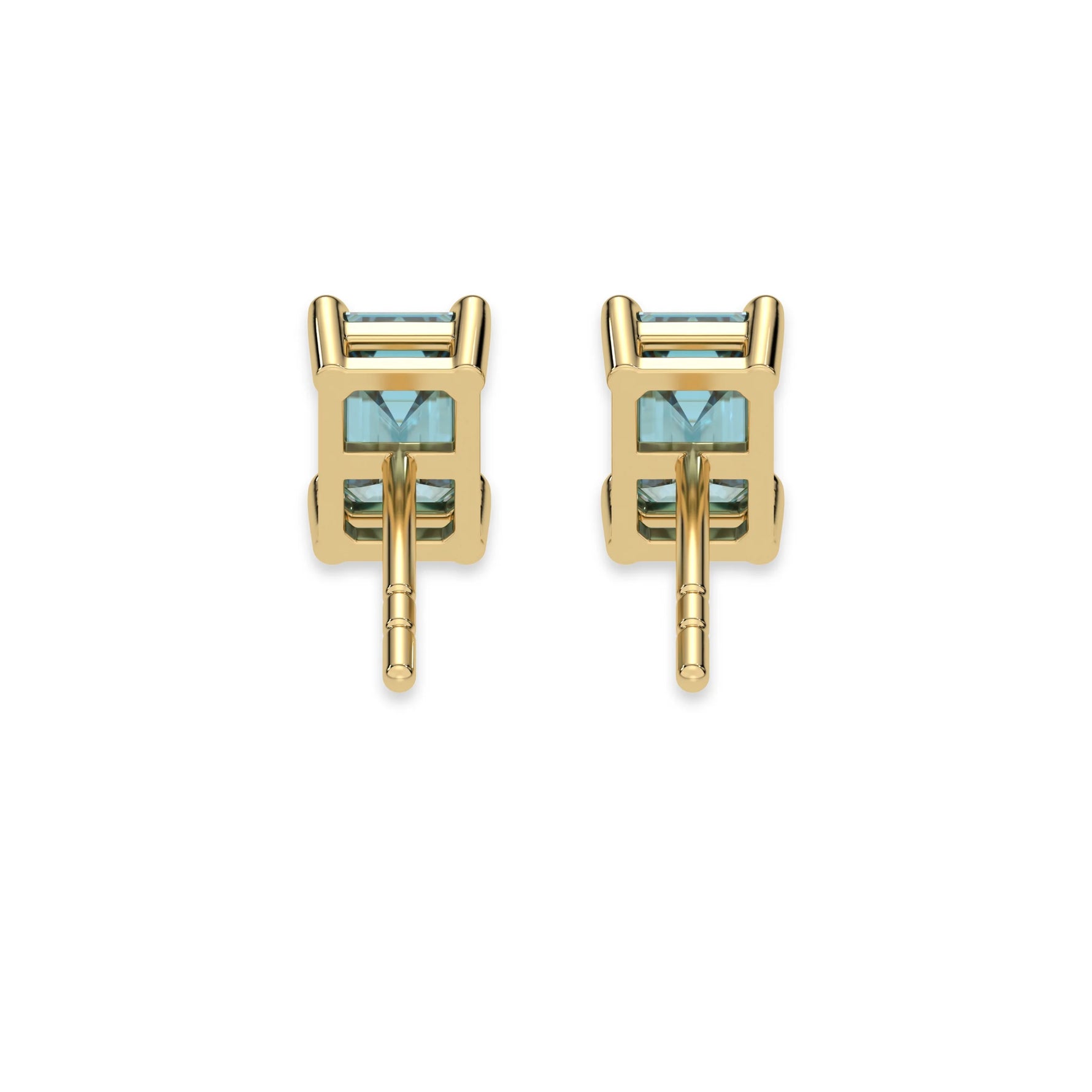14k yellow gold Emerald Diamond Earrings made with an fancy blue emerald-cut diamond set in a four prong setting